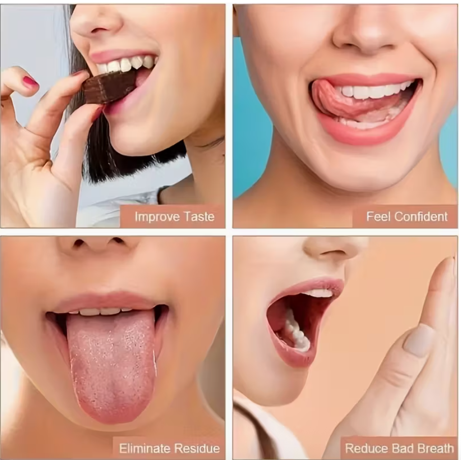 Reusable stainless steel tongue scraper with comfort grip, gentle for sensitive gums, individually wrapped for hygiene.