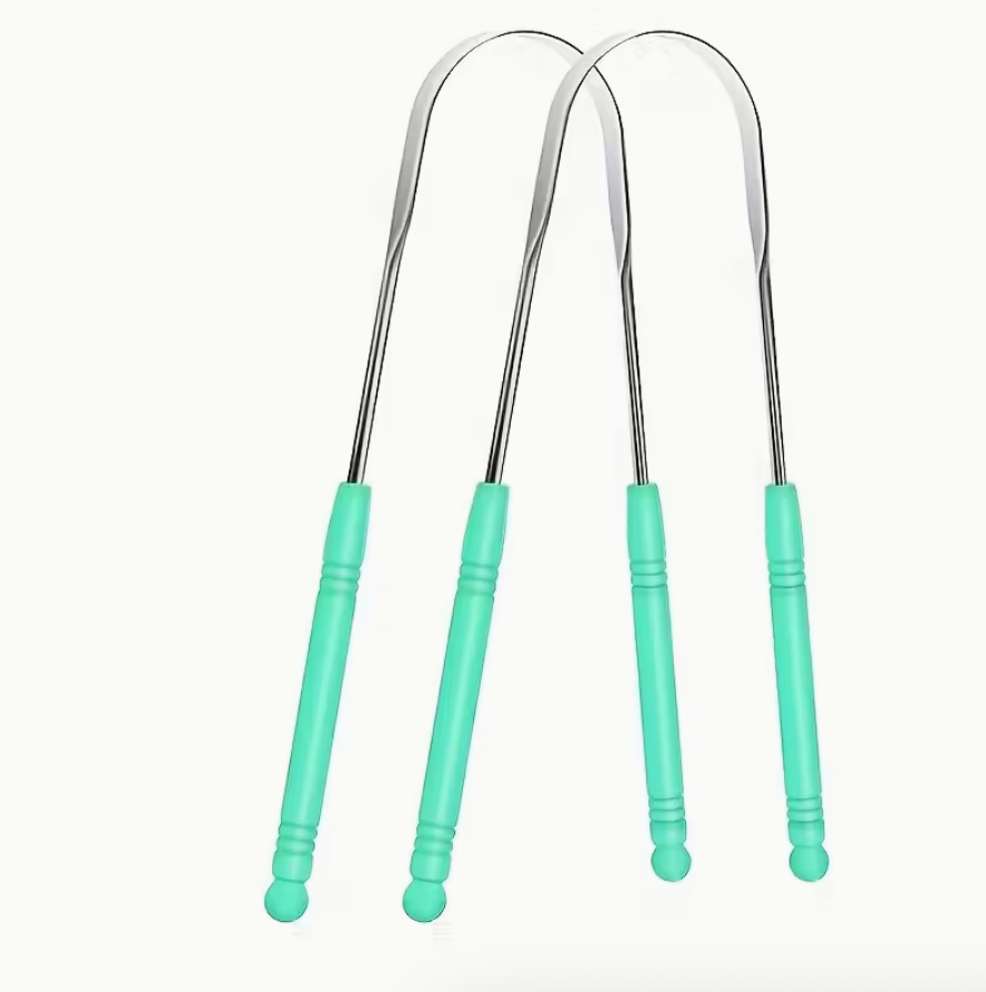 Reusable stainless steel tongue scraper with comfort grip, gentle for sensitive gums, individually wrapped for hygienic oral care.