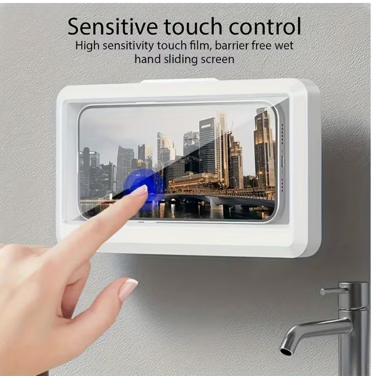 Transparent 360° rotating ABS shower phone holder by UK Dropships, compatible with plastic shower curtains for bathroom use.