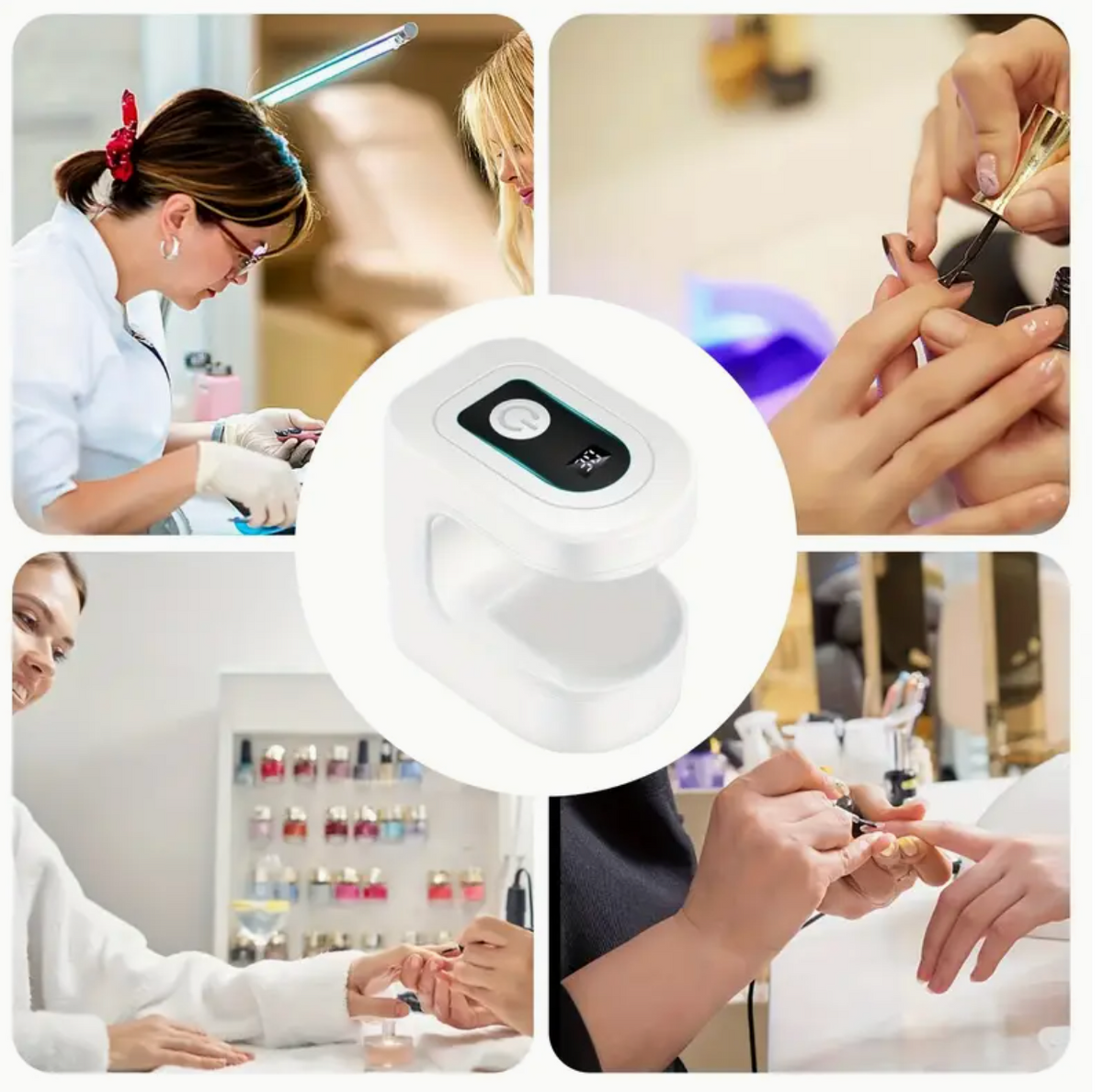 Mini portable USB rechargeable LED nail lamp with countdown timer, compact design for gel and nail polish at home or on the go.