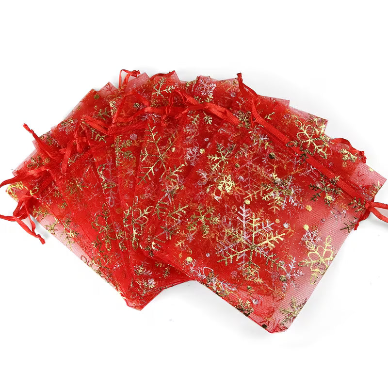 10pcs Christmas Red Organza Gift Bags with Golden Snowflake Drawstring