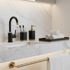 Modern bathroom accessories including soap dispenser and toothbrush holder on countertop