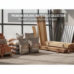 Stack of assorted building materials including bricks, wood, and concrete blocks on site