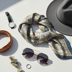 Variety of clothing accessories including hats, scarves, and belts displayed on shelves