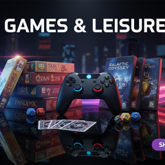 Collection of board games, video game controller, dice, and game cards with "Games & Leisure" text