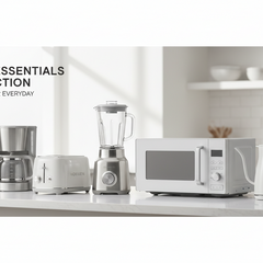 Various modern household appliances arranged on a kitchen countertop