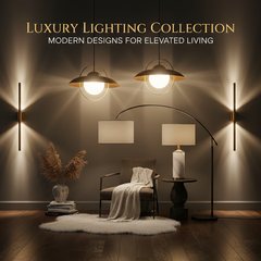 Modern lighting fixture illuminating a room with warm light