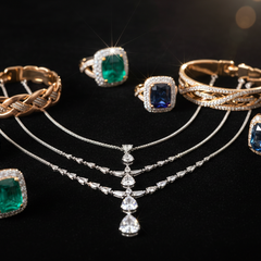 Close-up of elegant gold and silver jewelry pieces displayed on a black background