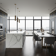 Modern kitchen and dining area with stylish furniture and appliances