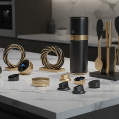 Various household appliance accessories displayed on a table