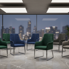 Stacked wooden chairs in a modern setting
