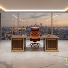 Modern office furniture setup with desks and chairs in a workspace