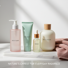 Personal care products arranged on white background