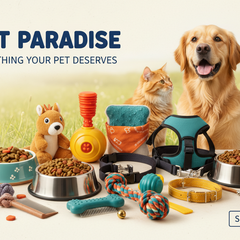 Assorted pet supplies including food and toys on a store shelf