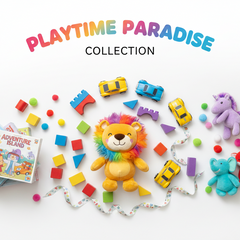Colorful toys collection including stuffed animals, toy cars, building blocks, and children's books on a white background