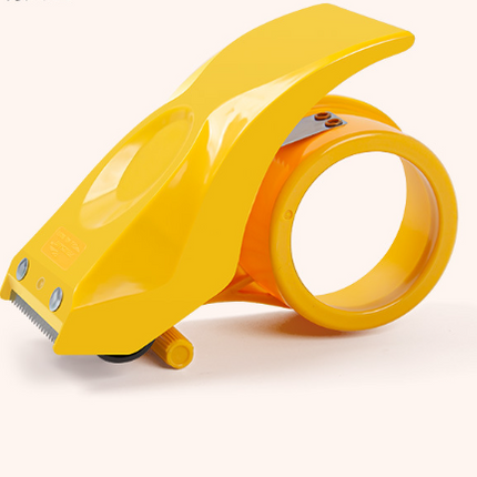Heavy-duty plastic tape dispenser with 10° sloped chromium blades in orange and yellow for efficient packing and sealing
