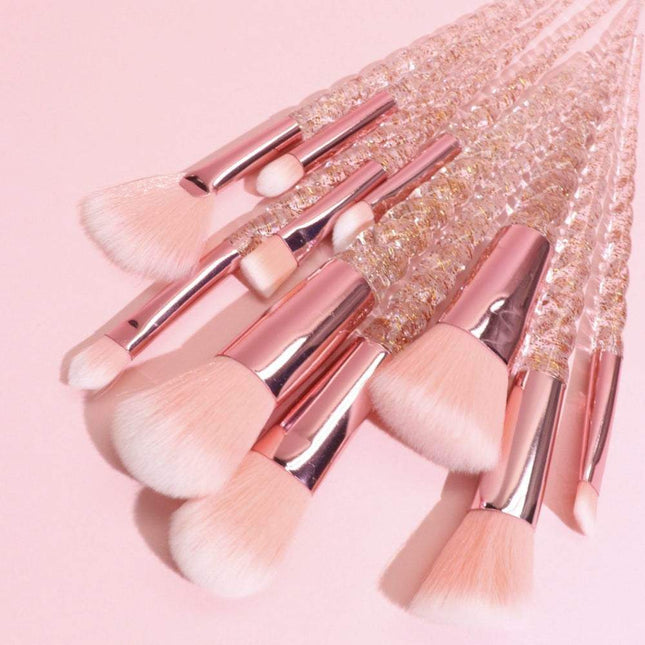 Crystal Spiral Makeup Brush Set 10-piece beginner kit with spiral handles and white soft bristles