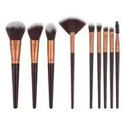 Premium 9-piece synthetic makeup brush set with coffee and apricot handles for professional makeup application