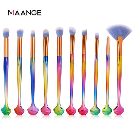 10-piece shell-shaped makeup brush set with colorful handles and nylon hair bristles in OPP bag packaging