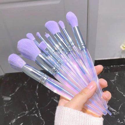 10-piece purple makeup brush set with synthetic fibers and stylish storage bag
