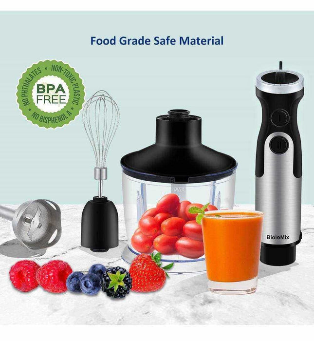 Hand Blender Juicer Cooking Stick with multiple attachments for juicing, blending, and ice crushing in a sleek design