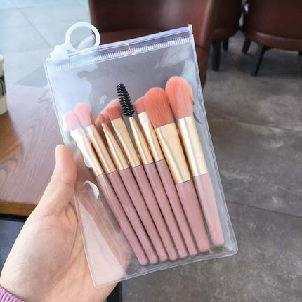 8-piece makeup brush set with colorful nylon bristles and lightweight plastic handles for precise makeup application