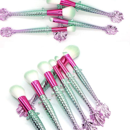 7-piece makeup brush set with yellow-green gradient handles and soft rayon bristles
