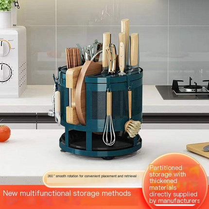 Rotating kitchen storage rack made of durable carbon steel holding utensils and knives in stone black and dark green colors