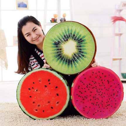 3D cute fruit plush pillow shaped like watermelon and kiwi with vibrant colors and soft polyester fabric