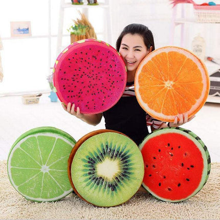 3D cute fruit plush pillow shaped like watermelon and kiwi with vibrant colors and soft polyester fabric