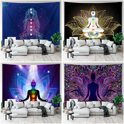 Peach skin yoga tapestry with vibrant landscape pattern for meditation and yoga decor