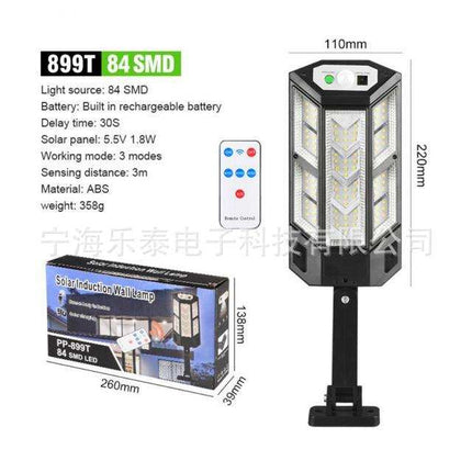 Outdoor solar wall light mounted on exterior wall with remote control and motion sensor features