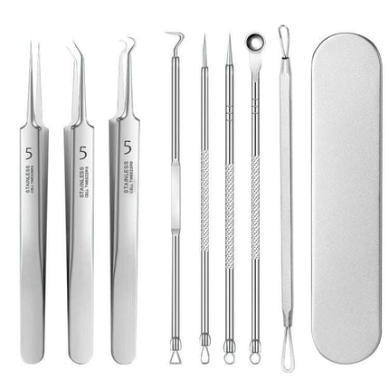 Stainless steel acne clip set with various pimple extraction tools in a plastic storage box