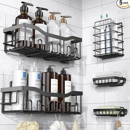 Gray 5-layer bathroom wall-mounted iron storage rack with punch-free installation