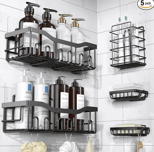 Modern gray five-layer bathroom wall-mounted storage rack made of rustproof iron for toiletries and towels organization