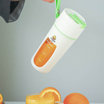 Portable electric juicer cup in green and orange, compact and lightweight for fresh juice on the go