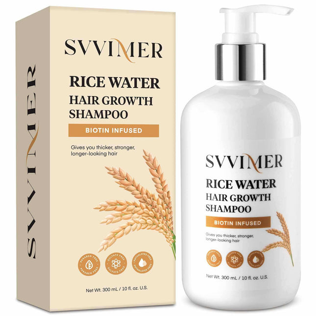 Svvimer Rice Water Hair Growth Shampoo bottle with natural ingredients for thicker hair and hair loss treatment