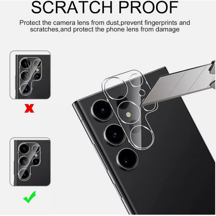 Samsung Galaxy S25 Ultra clear camera lens tempered glass protector on a mobile device with precise cutouts and sleek design.