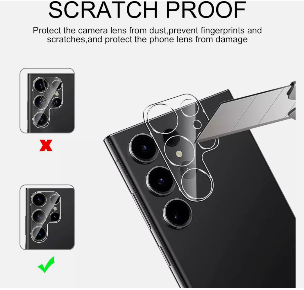 Samsung Galaxy S25 Ultra clear camera lens tempered glass protector on a mobile device with precise cutouts and sleek design.