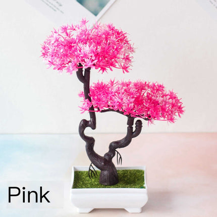 Realistic artificial bonsai plant decoration in a small potted plastic container for home decor