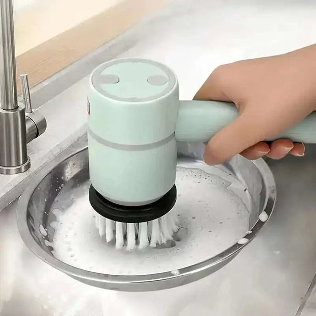 Cordless electric spin scrubber cleaning kitchen surfaces with rotating brush head