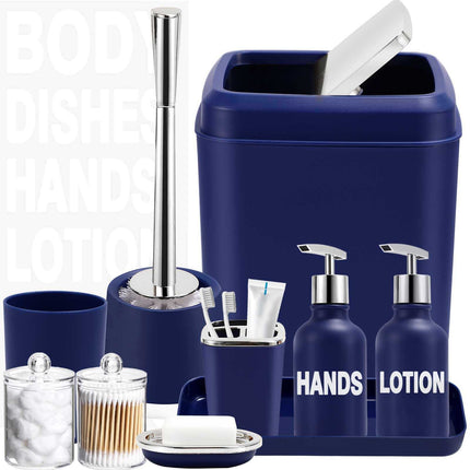 XLHOMO navy blue 10-piece bathroom accessories set with soap dispenser, toothbrush holder, trash can, and toilet brush for modern home organization