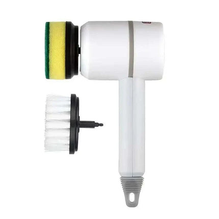 Cordless electric spin scrubber cleaning kitchen surfaces with rotating brush head