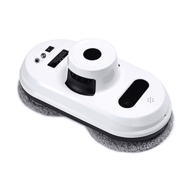 Smart window cleaning robot with microfiber cloth and remote control on glass surface