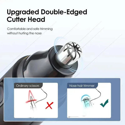 2-in-1 USB rechargeable nose and hair trimmer with stainless steel blades and detachable detail head