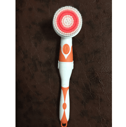Electric bath brush with long handle, automatic shower gel dispenser, and four replaceable brush heads for exfoliating and massaging
