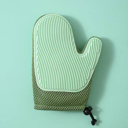 Three colorful silicone massage gloves for pet grooming and hair removal on white background
