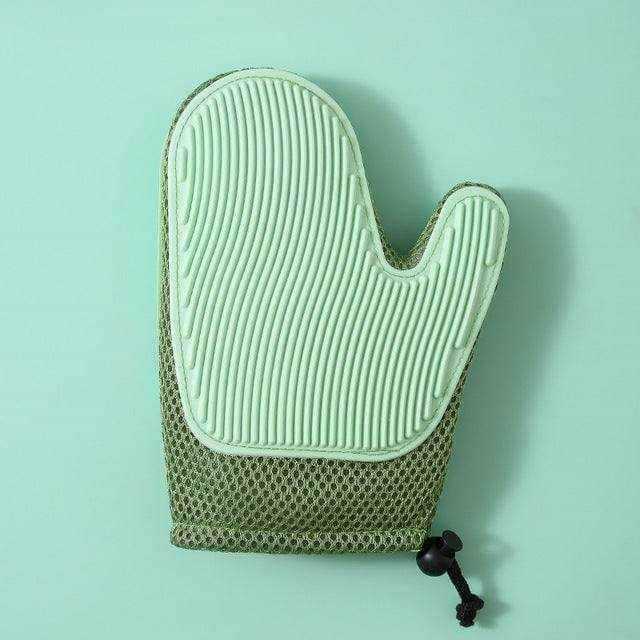 Silicone massage gloves for pet hair removal and grooming in green, blue, and pink colors