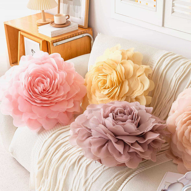 Princess-style 3D gauze flower pillow covers with delicate sheer fabric and floral embroidery in soft pastel colors.