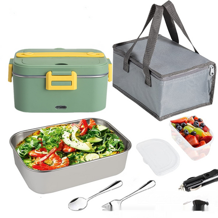 Compact electric lunch box with 75W power, no water injection, and 12V car compatibility for convenient meal heating.